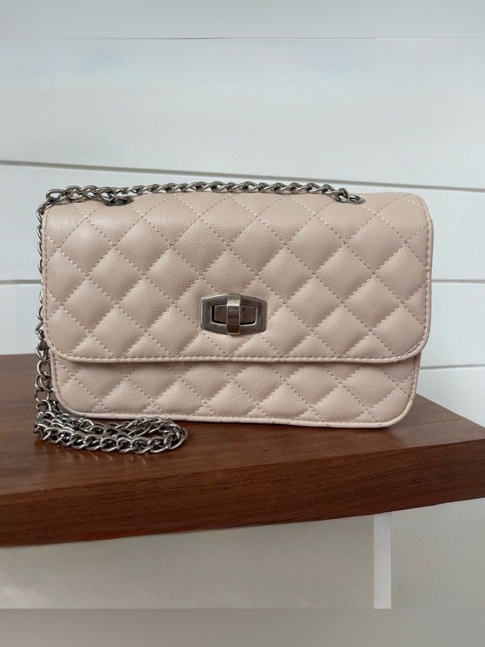 Express Blush Pink Quilted Double Silver Chain Crossbody Shoulder Bag Purse